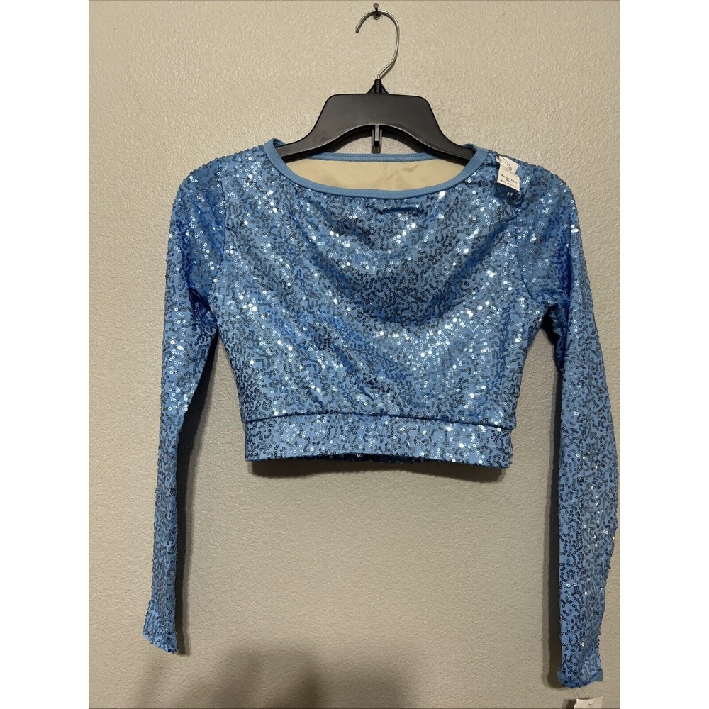 Blue sequin woman's size medium adult dance/gymnastics shirt B4 **runs Small**